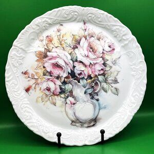 Floribunda Roses & Peonies Decorative Floral Plate Hand Painted Embossed 9" Dish